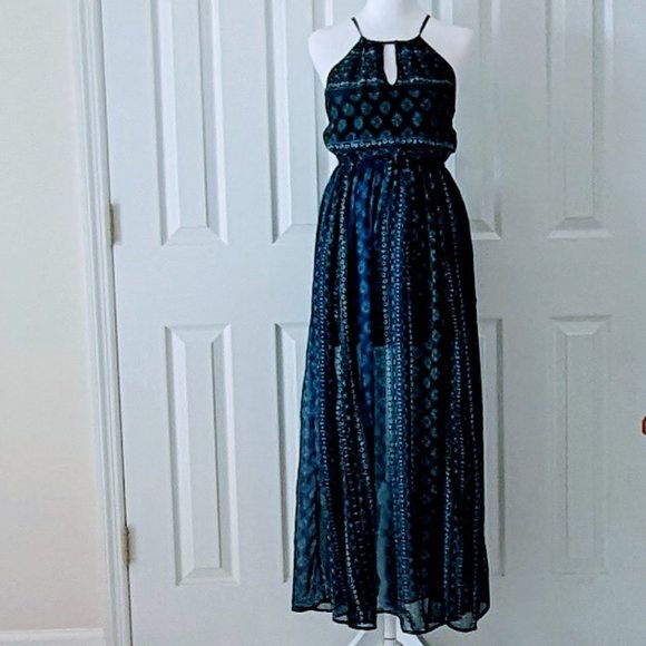 HOLLISTER Women's Halter Slip Skirt Maxi Dress XS  Blue Print - Picture 1 of 5